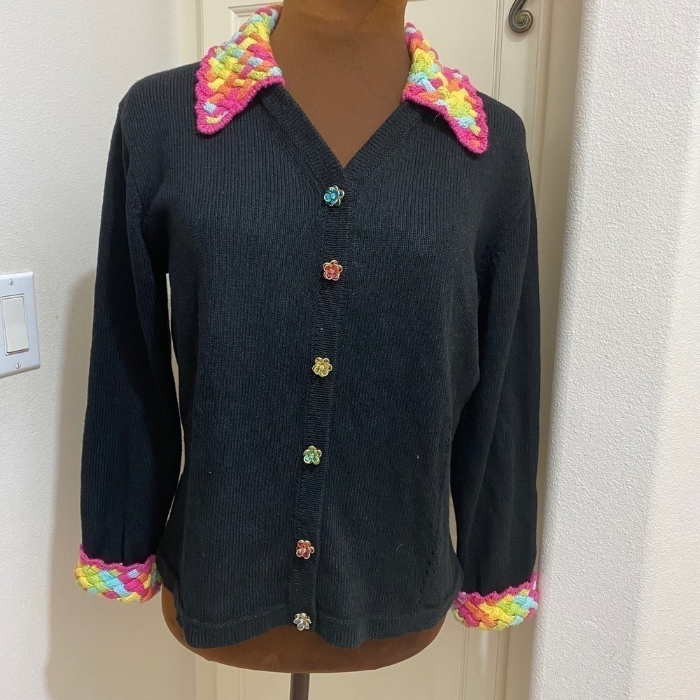 Vintage Cache Rainbow crochet knit Jeweled Cardigan sweater size Medium